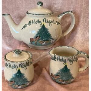 Yesteryears Marshall TX Signed Pottery Christmas Teapot Creamer Sugar matching